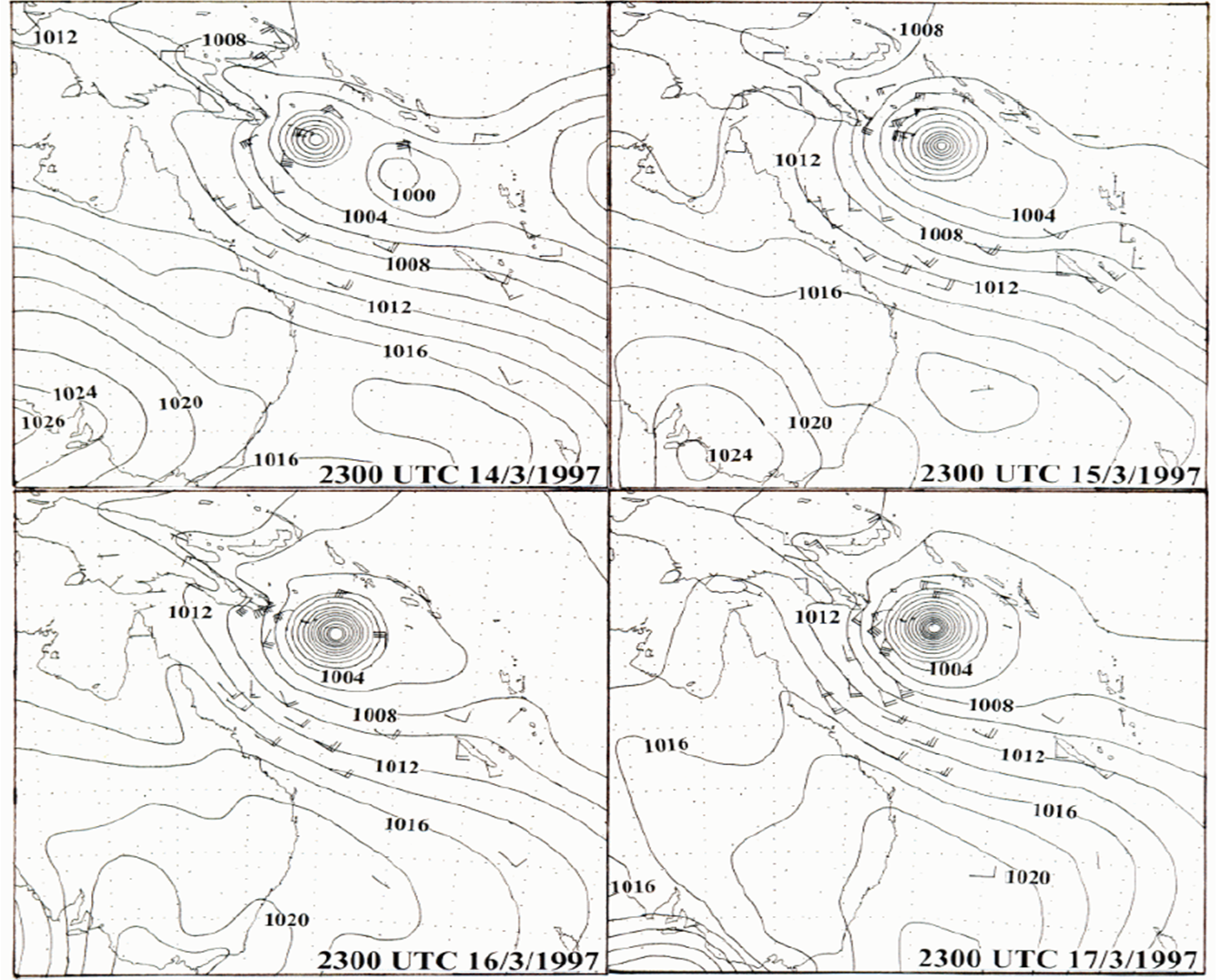 Mean sea level pressure analyses with plotted wind observations for tropical cyclone Justin for 14 March 1997